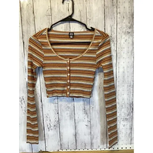 BDG Striped Ribbed Crop Top Y2K Long Sleeve Henley Brown Womens M - Picture 3 of 4